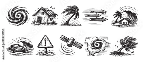 Hand-drawn hurricane related disaster icons. Shows flooding, destruction, storm, hurricane windspeed arrows, warning sign, satellite, disaster zone. Use for weather, disaster awareness campaigns.