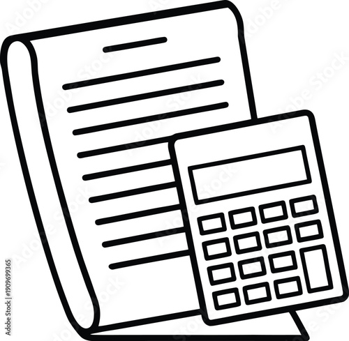 Financial Accounting Concept Line Art Vector Illustration: Simple Hand Drawn Style Icon of a Calculator and Paper Document for Budgeting, Tax Preparation, Expense Management, and Corporate Business An