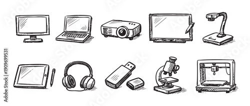 A collection of hand-drawn technology and science icons in black ink on a white background. Includes computer, laptop, projector, tablet, headphones, and lab equipment.