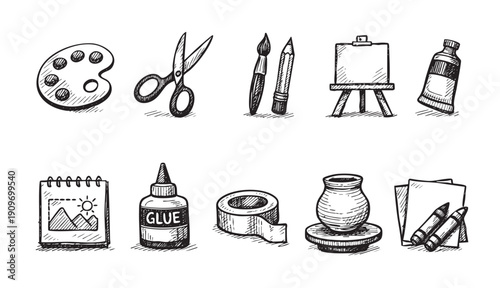 Hand drawn sketch of various art supplies. Includes a palette, scissors, paint brushes, easel, glue, paper, and crayons. Perfect for creative projects, education, DIY, or art themes.