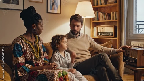 Family of three sitting together on a brown couch indoors