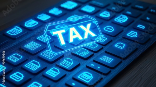 Wallpaper Mural A glowing digital "TAX" symbol hovers above a backlit keyboard with financial icons, representing online tax filing and digital finance management. Torontodigital.ca