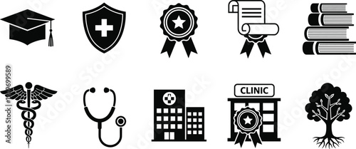 Medical and healthcare icon set featuring hospital building, clinic, stethoscope, caduceus symbol, medical shield, and professional healthcare award vector illustrations.