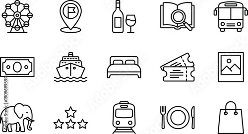 Linear vector icon set for travel and tourism featuring ferris wheels cruise ships luxury hotels transport buses passenger trains tickets and wildlife safari symbols