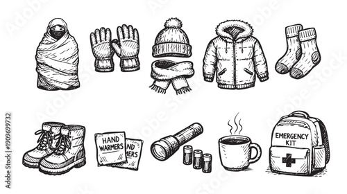 Hand-drawn illustration of winter emergency kit essentials, including warm clothing, supplies, and first aid, ideal for preparedness and safety related content.