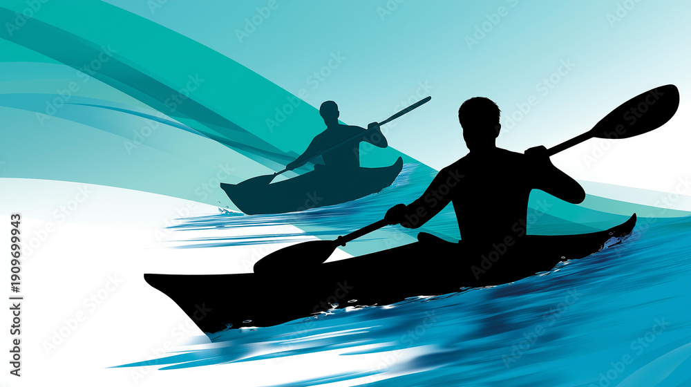 Fototapeta premium Two faceless kayakers paddling through water, representing outdoor adventure and active lifestyle, water sports recreation, fitness activity, nature exploration, with copy space