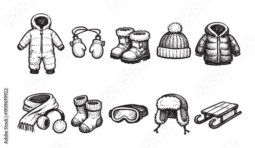 A set of hand-drawn winter clothing and accessories. Including a snowsuit, winter boots, and warm hats. Perfect for winter-themed design projects.