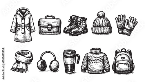 Illustration featuring various winter accessories like a coat, boots, gloves, scarf, and other items. Perfect for illustrating winter sales, apparel, fashion design.