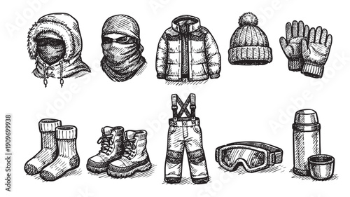 Hand-drawn sketch illustration of winter sport equipment set. Includes jacket, bib, boots, gloves, goggles, hat, and more. Perfect for lifestyle, design, and apparel projects.