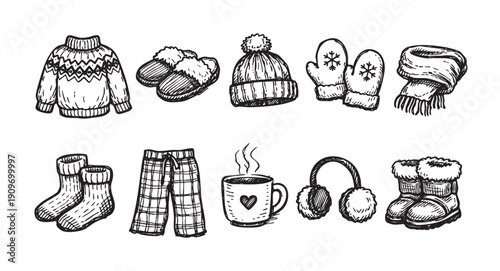 Hand drawn doodle style winter clothing. Cozy accessories for cold weather. Includes sweater, pajamas, scarf, socks, and mug. Perfect for holiday graphics and promotions.