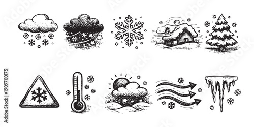 A set of hand-drawn winter weather elements like snow cloud, snowflake, snow house, tree, sign, thermometer, wind, icicle on a white backdrop.