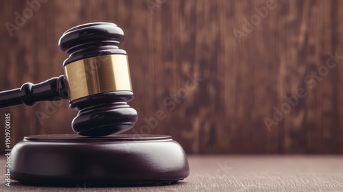 Wallpaper Mural A wooden judge's gavel with a brass band rests on its sound block against a blurred wooden background. Torontodigital.ca