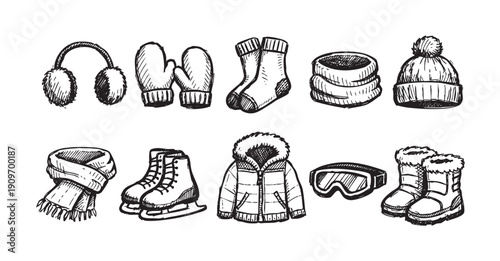A set of hand-drawn style sketches of winter clothes and accessories. Isolated on white. Great for winter design, decoration, and holiday projects.