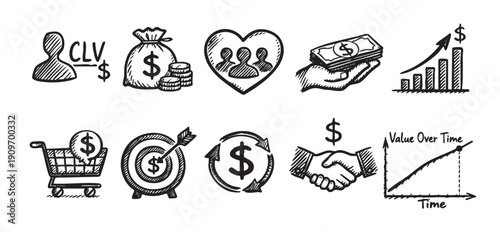 Hand-drawn illustration icons representing business concepts: customer value, money, growth, sales, teamwork. Useful for presentations, websites, and marketing materials.