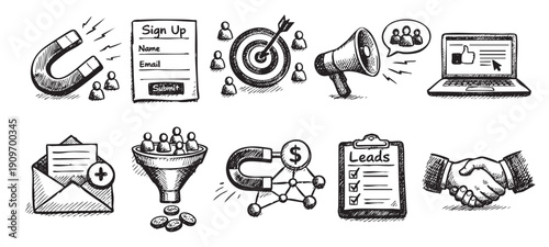 Hand-drawn style illustration of marketing and lead generation concepts. Includes magnets, sign-up form, megaphone, funnel, and handshake. Use for business, sales, and conversion themes.