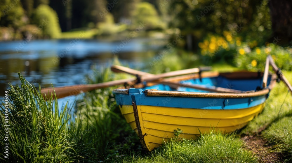 Obraz premium Brightly Painted Wooden Rowboat Resting by the Lake Shore