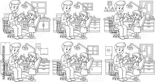 Cute pediatric dentist showing dental tools to a young girl in clinic coloring page vector set for children education