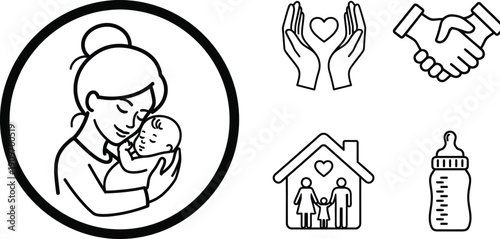 A collection of line art icons depicting motherhood childcare family home and support showcasing care and affection high quality professional detailed
