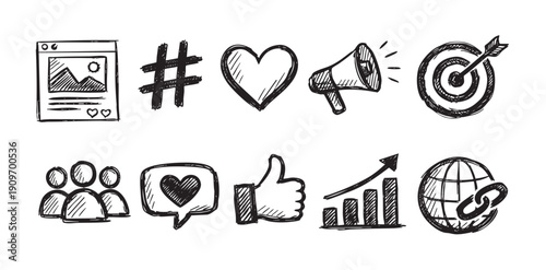 Set of hand-drawn doodle icons relating to social media marketing. Includes like, hashtag, target, megaphone, and others. Great for illustrating marketing concepts.