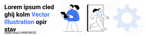 Digital transformation, technology solutions, virtual communication, tech tools, innovation, futuristic concepts. Person stepping out of a phone, gear symbol text element. Digital transformation