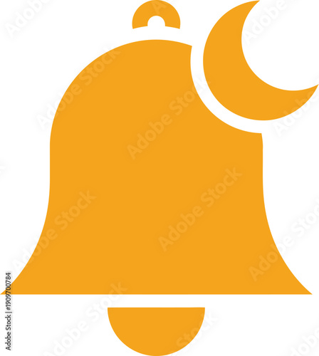 Yellow notification bell icon with crescent moon symbol for night mode or silent alert on transparent background