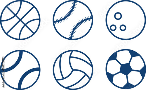 Collection of blue sports balls basketball baseball volleyball soccer and tennis