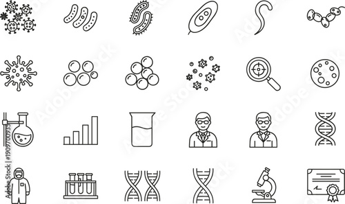 Microbiology and laboratory line icons set with bacteria virus dna microscope research and medical science symbols
