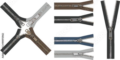 Creative vector set featuring four way intersecting metal zippers and various colored fabric fasteners for modern fashion design