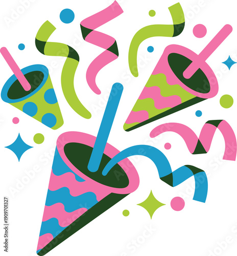 Colorful party poppers exploding with confetti and streamers for birthday celebration or holiday event