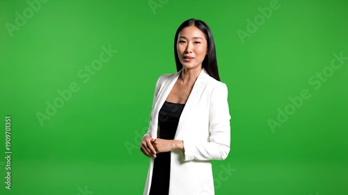 Asian woman in a white blazer gestures in front of a green screen