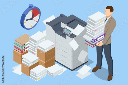 Isometric corporate scene with employee facing time limit and heavy paperwork. Office deadline stress illustration. Strict deadline and office stress. Time management and deadline workload