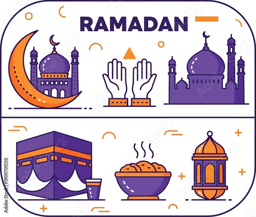 A vibrant ramadan kareem illustration featuring a crescent moon mosque kaaba hands in prayer and traditional food items high quality professional