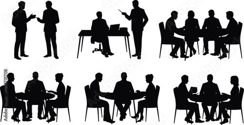 Silhouettes of professionals in meetings, presentations, and collaborative discussions, office teamwork vector illustration for corporate communication and workplace design