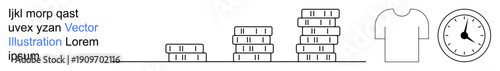 Personal finance, clothing industry, time management, business strategy, productivity, saving money. Image shows stacks of coins, a t-shirt and a clock. Personal finance and time management concept