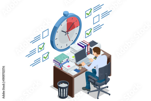 Isometric office scene with employee at desk and checklist near clock. Time management and task control concept illustration.