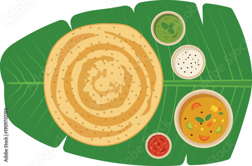 South Indian Breakfast Dosa Served on Banana Leaf with Sambar and Chutney Vector