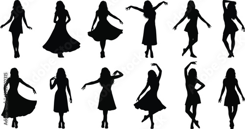 Joyful female dancer silhouettes jumping and posing vector set