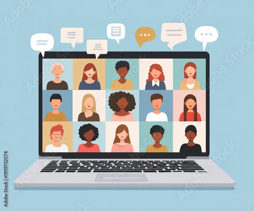 Group of people participating in video call on laptop screen with chat boxes during online meeting in bright background