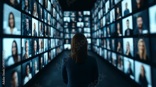 Wallpaper Mural A person stands facing multiple screens displaying diverse individuals in a virtual conference or digital communication environment. Torontodigital.ca