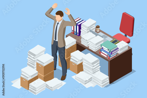Isometric office scene with frustrated manager near paper stack and box. Deadline stress and document overload concept illustration.