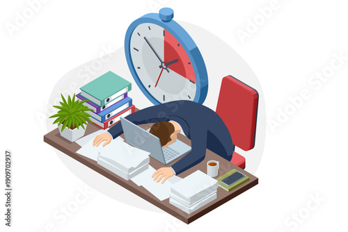 Isometric office scene with exhausted employee sleep at desk under clock. Deadline pressure and burnout concept illustration. Fatigue, burnout, depression