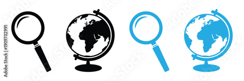 Set of magnifying glass and globe icons in black and blue, representing search and global exploration