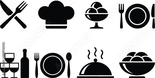 Assorted food and drink icons representing various culinary items and services