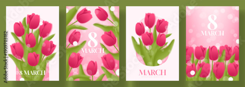 Gentle vector card set for International Women's Day. Delicate blurred pink tulips and dreamy bokeh create romantic spring atmosphere. Ideal for elegant 8 March cards, posters, celebration templates.
