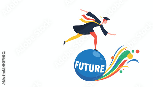Strategic career navigation: Graduate professional balancing on the uncertain future globe, representing risk and innovative opportunity.