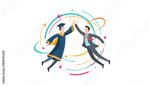 Elite Talent Acquisition: Graduate and Executive Celebrating a High-Five symbolizing Successful Career Transition, Mentorship, and Workforce Integration.