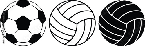 Three different types of sports balls are shown in a row.