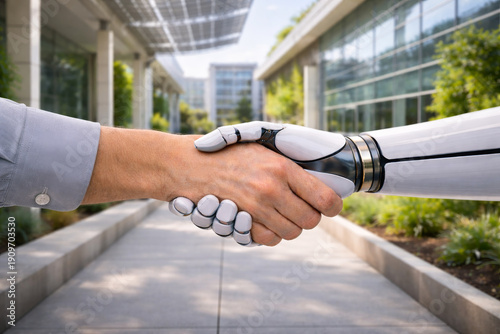 AI Robot Handshake with High School Teacher on Modern Sustainable background