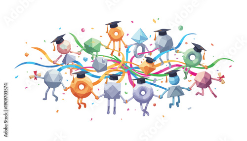 Diverse Team Graduation Celebration: Abstract Geometric Figures Symbolizing Collaboration, Training Program Completion, and Collective Business Success