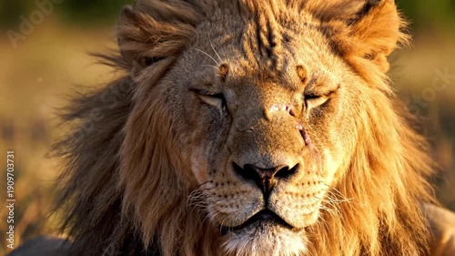 Cinematic close-up portrait of a majestic male lion face with a scar. Golden hour lighting in the African savanna. Wild animal looking at camera.